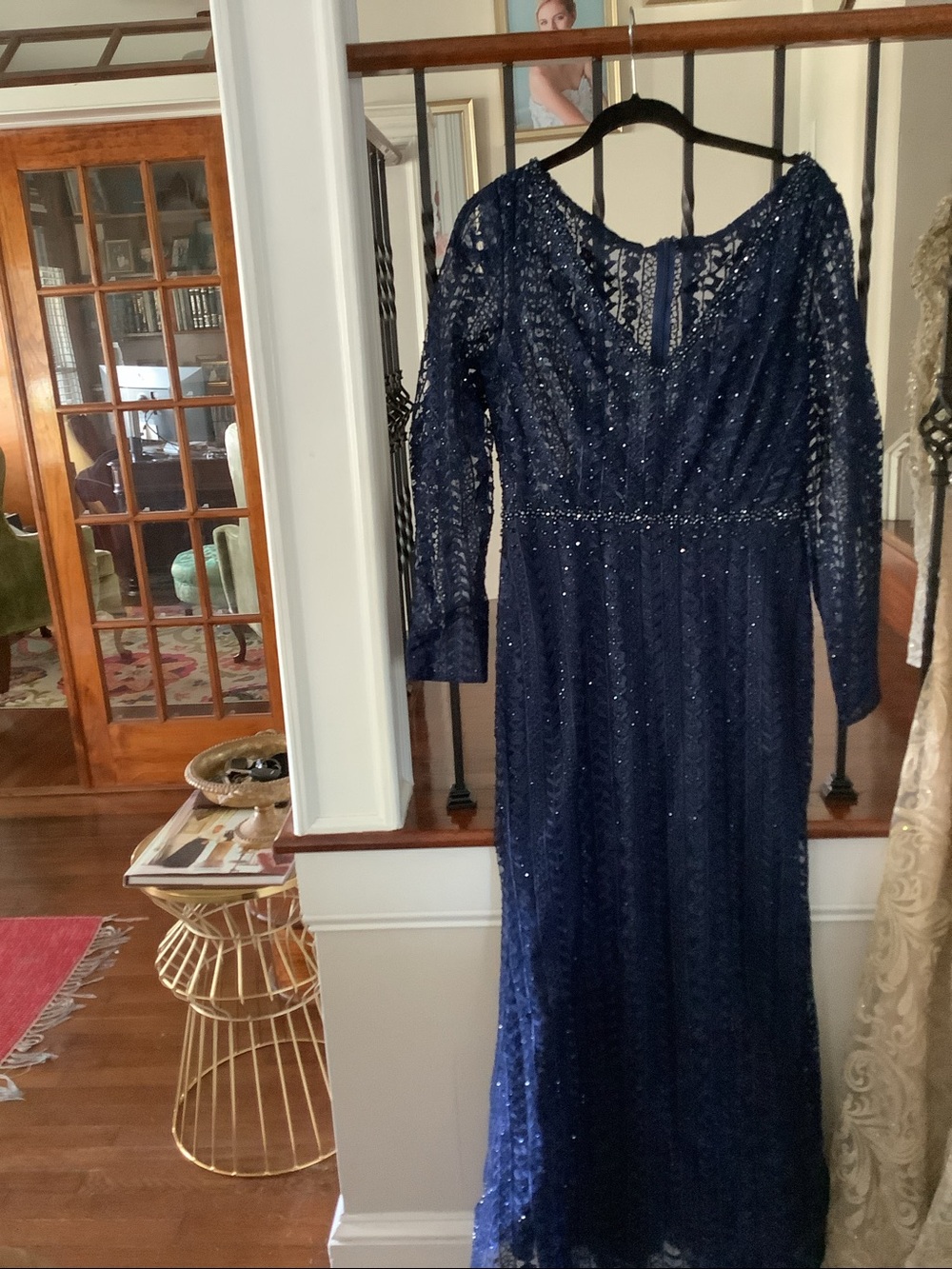 Mac Duggal Navy Beaded Long-Sleeve V-Neck Gown - Picture 7 of 8